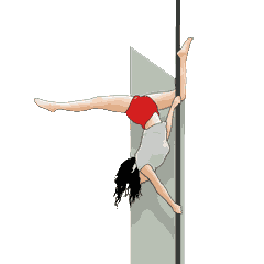 Personnage réalisant un Butterfly, un trick inversé de pole dance, figure acrobatique tête en bas sur la barre